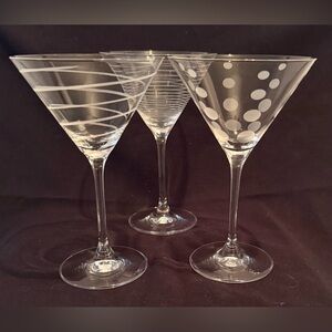 3 Mikasa Cheers 10-Ounce Martini Glasses, Fun Etched Designs.